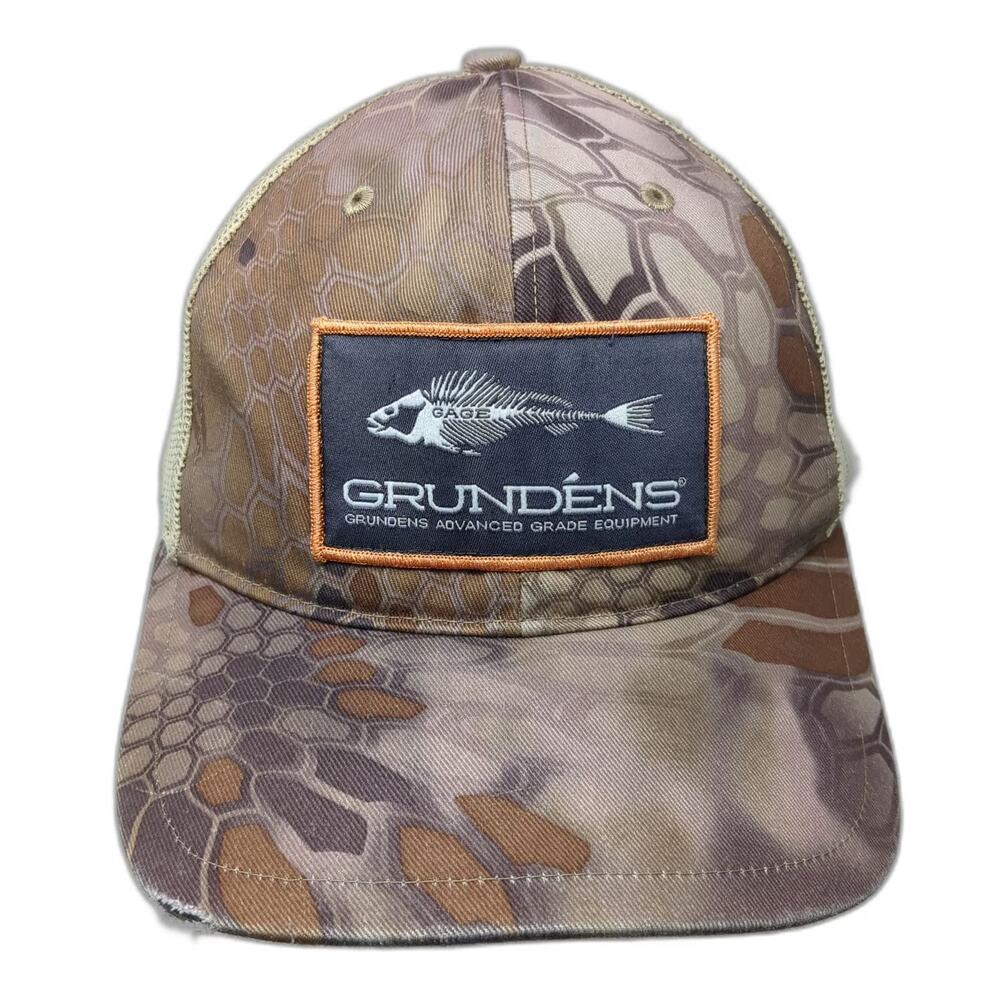 Grundens Trucker Hat One Size Brown Camo Mesh Fish Skeleton Fishing Snapback